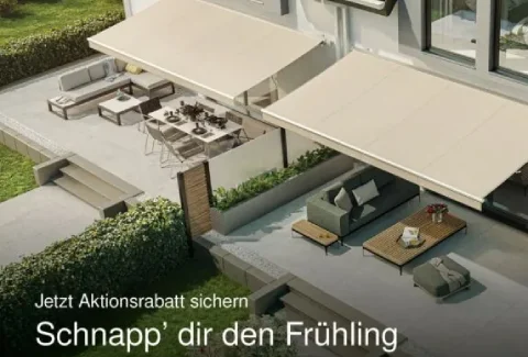 WAREMA Markisen in beiger Farbe an einem modernen Doppelhaus.