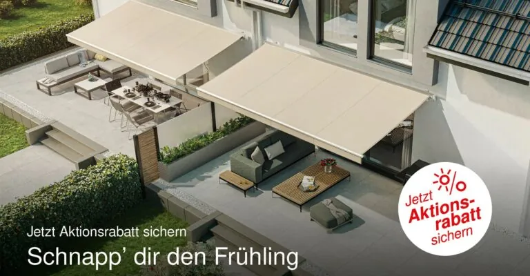 WAREMA Markisen in beiger Farbe an einem modernen Doppelhaus.