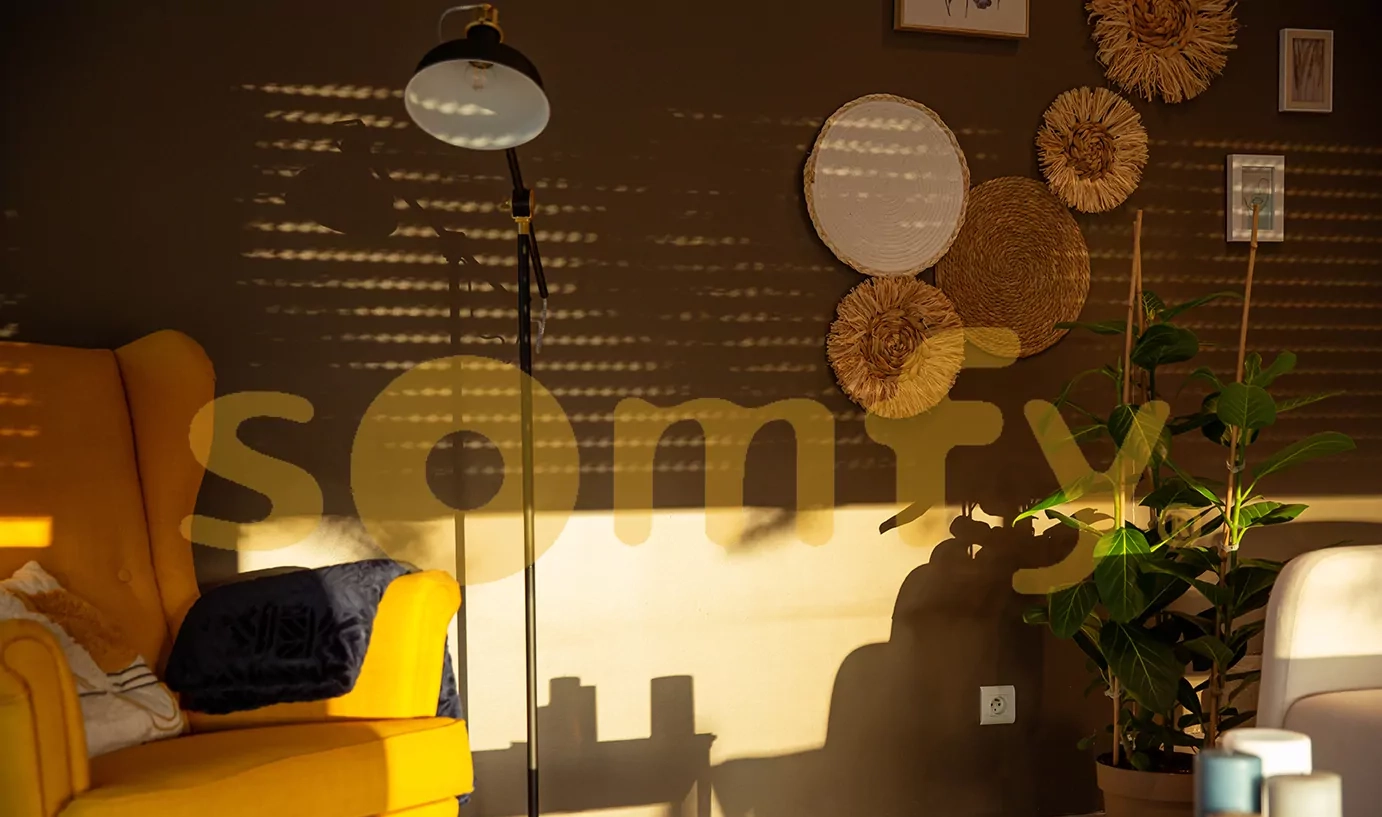 Das Logo von Somfy vor einer gemütlich eingerichteten Wohnung mit Pflanzen und Sesseln mit warmen Farben.