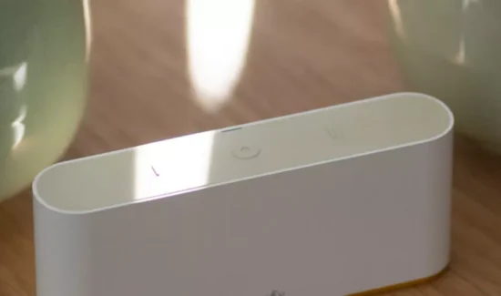 Der Somfy TaHoma Switch auf einem hölzernen Tisch vor zwei grünen Vasen.